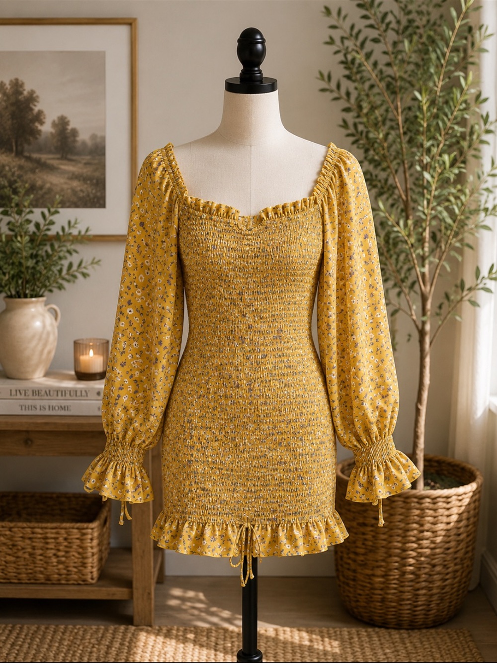 Othr Mustard Yellow Smocked Floral Mini Dress